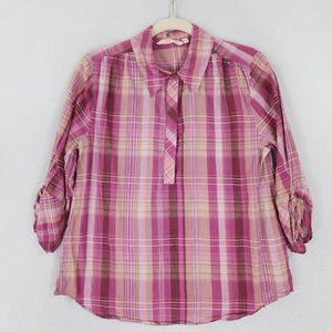 Soft Surroundings Shirt Womens Medium Pink Arietta Plaid Lightweight 3/4 Sleeve